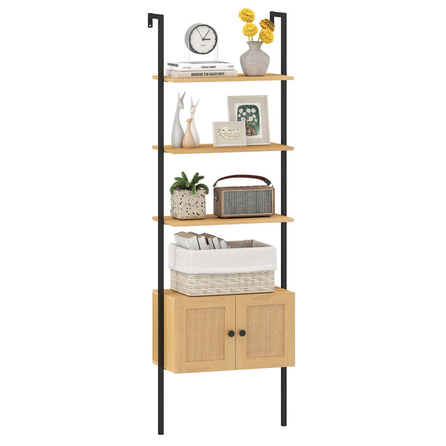 5-Tier Ladder Bookcase with Rattan Cabinet and Metal Frame-Natural