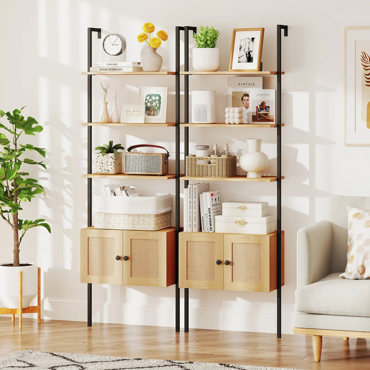 5-Tier Ladder Bookcase with Rattan Cabinet and Metal Frame-Natural