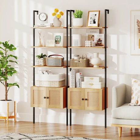 5-Tier Ladder Bookcase with Rattan Cabinet and Metal Frame-Natural
