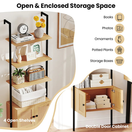 5-Tier Ladder Bookcase with Rattan Cabinet and Metal Frame-Natural