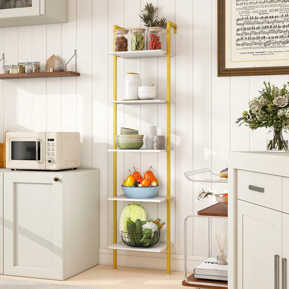 5-Tier Ladder Shelf Wall Mounted Bookshelf with Metal Frame-White & Golden