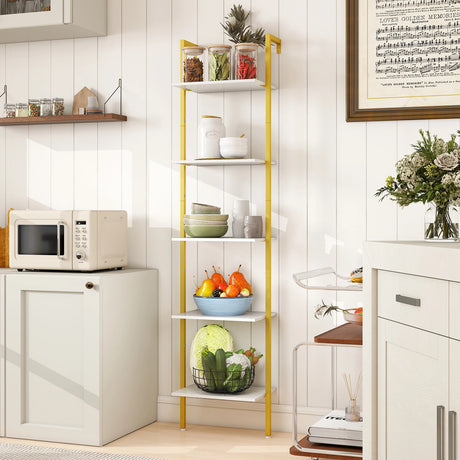5-Tier Ladder Shelf Wall Mounted Bookshelf with Metal Frame-White & Golden