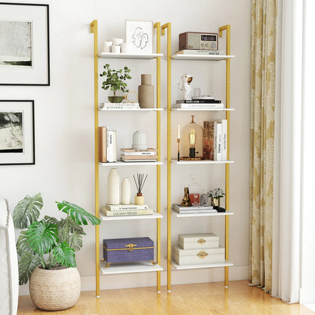 5-Tier Ladder Shelf Wall Mounted Bookshelf with Metal Frame-White & Golden