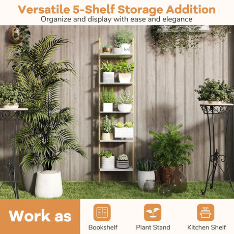 5-Tier Ladder Shelf Wall Mounted Bookshelf with Metal Frame-White & Golden