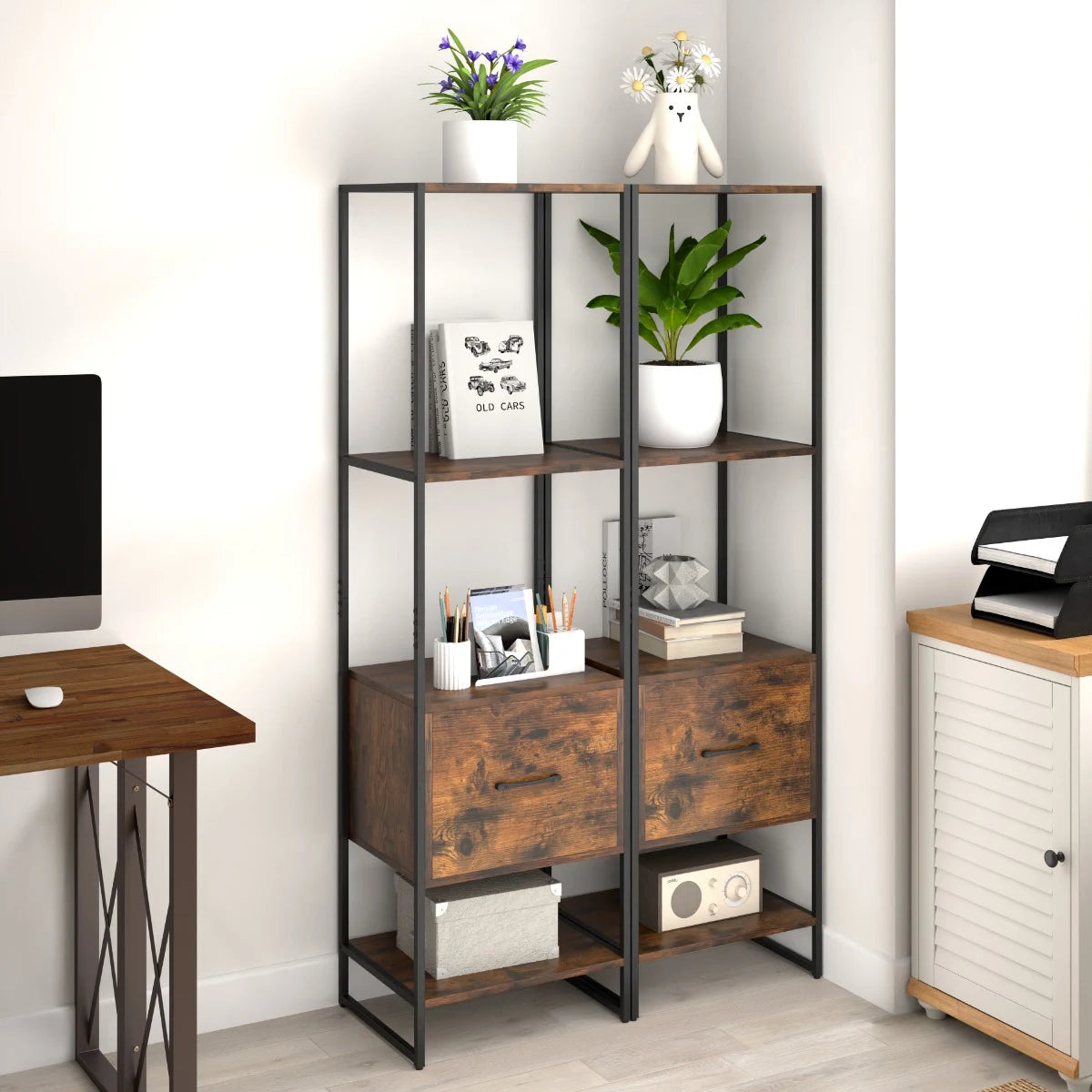 5-Tier Tall Narrow Bookcase Bookshelf with Drawer Shelves-Rustic Brown