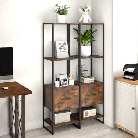 5-Tier Tall Narrow Bookcase Bookshelf with Drawer Shelves-Rustic Brown