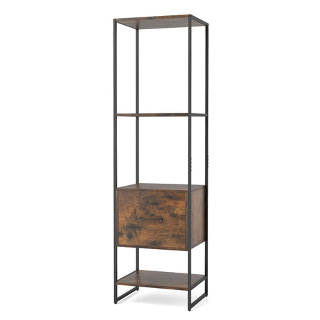 5-Tier Tall Narrow Bookcase Bookshelf with Drawer Shelves-Rustic Brown