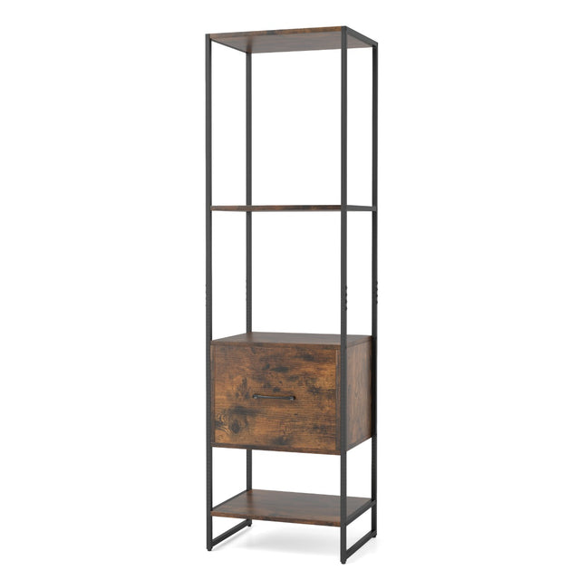 5-Tier Tall Narrow Bookcase Bookshelf with Drawer Shelves-Rustic Brown