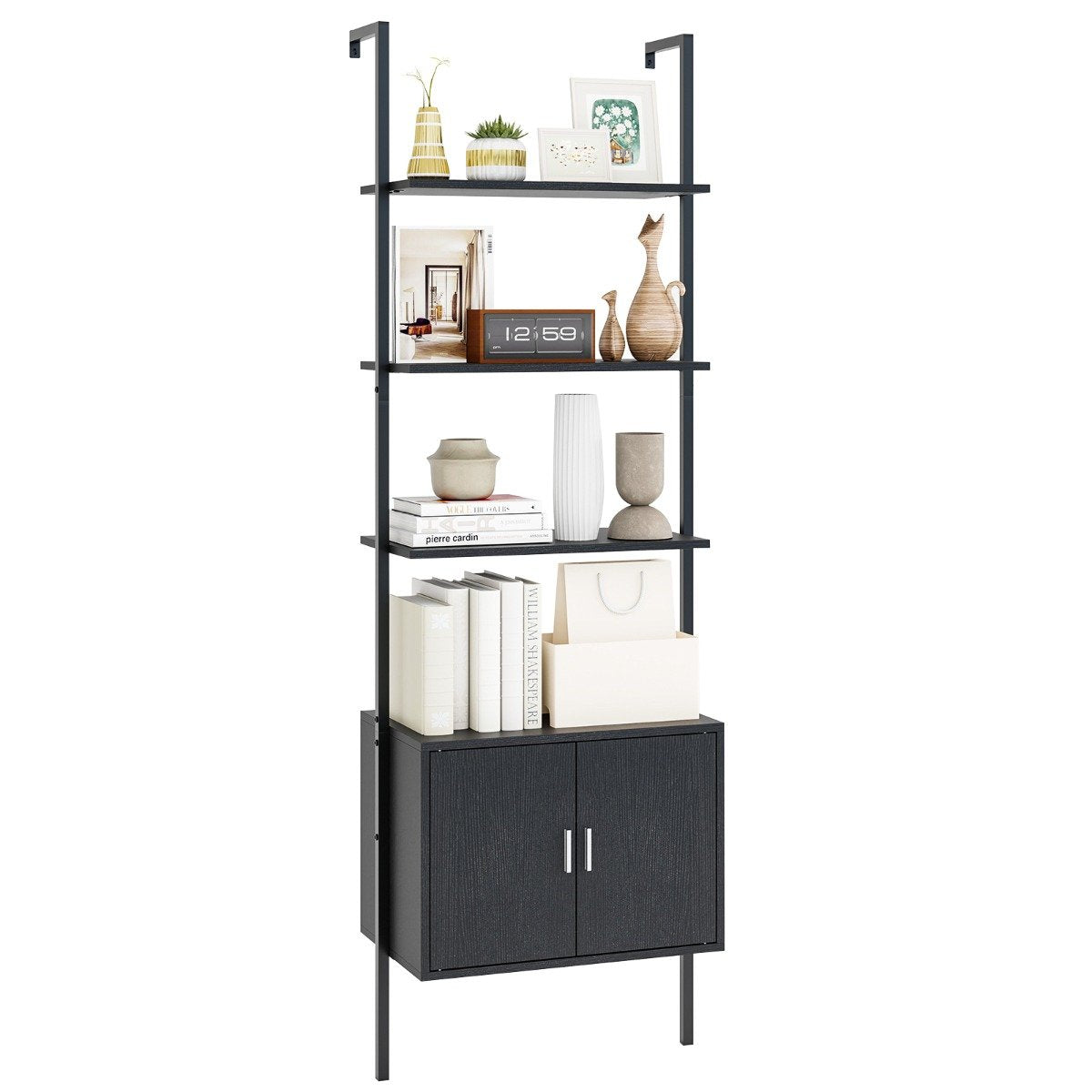 Tall Bookshelf 5 Tier Wall Mount Ladder Bookcase with Cabinet-Black
