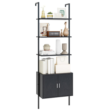 Tall Bookshelf 5 Tier Wall Mount Ladder Bookcase with Cabinet-Black