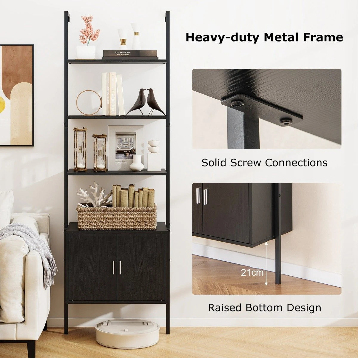 Tall Bookshelf 5 Tier Wall Mount Ladder Bookcase with Cabinet-Black