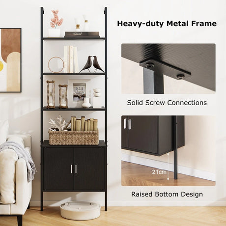 Tall Bookshelf 5 Tier Wall Mount Ladder Bookcase with Cabinet-Black