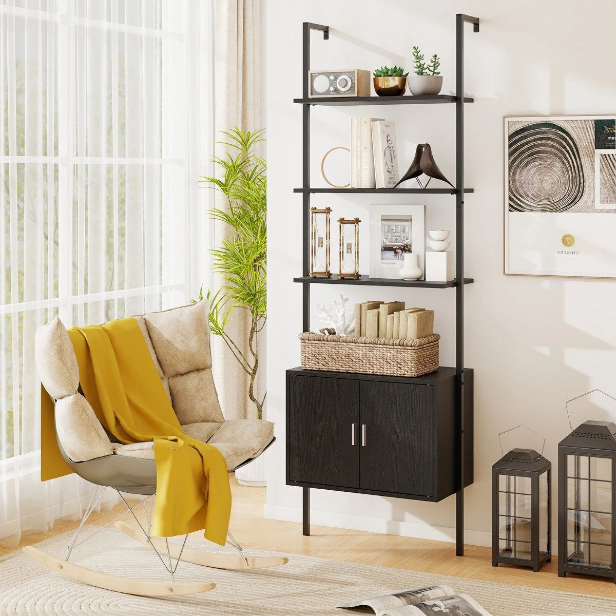 Tall Bookshelf 5 Tier Wall Mount Ladder Bookcase with Cabinet-Black
