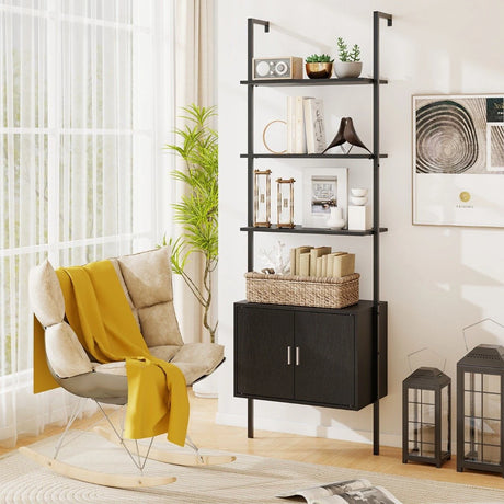 Tall Bookshelf 5 Tier Wall Mount Ladder Bookcase with Cabinet-Black