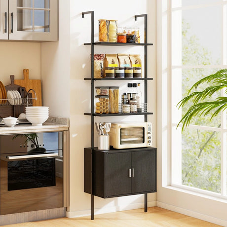 Tall Bookshelf 5 Tier Wall Mount Ladder Bookcase with Cabinet-Black