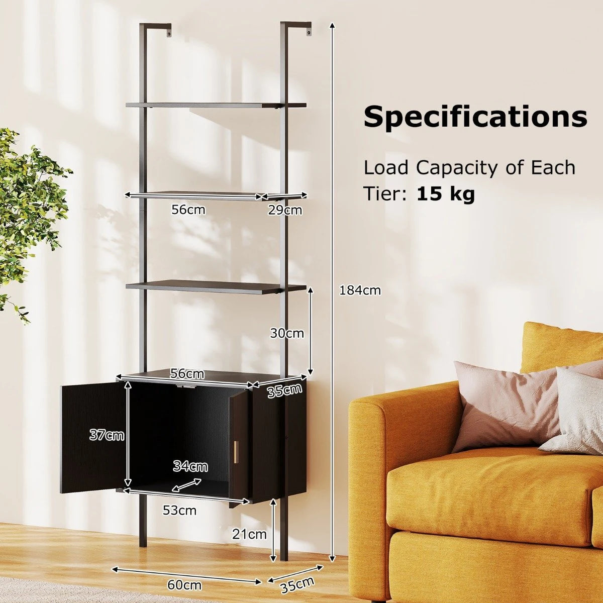 Tall Bookshelf 5 Tier Wall Mount Ladder Bookcase with Cabinet-Black