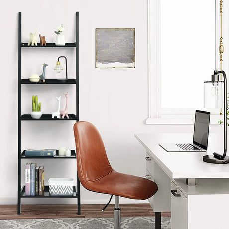 5-Tier Wall-leaning Ladder Shelf Display Rack for Plants and Books-Black