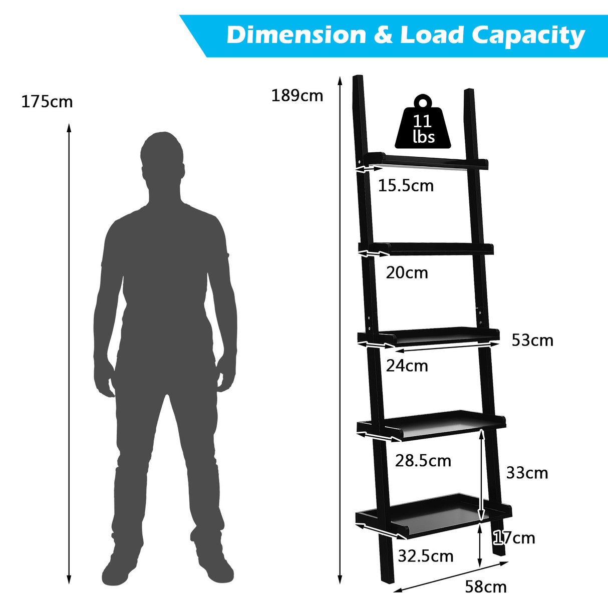 5-Tier Wall-leaning Ladder Shelf Display Rack for Plants and Books-Black