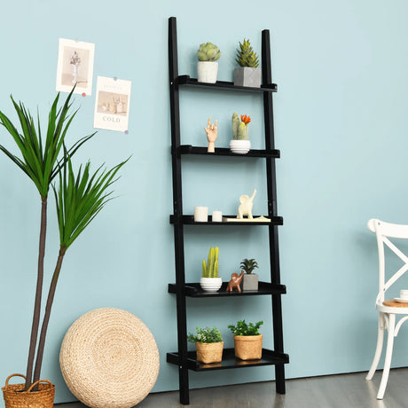 5-Tier Wall-leaning Ladder Shelf Display Rack for Plants and Books-Black