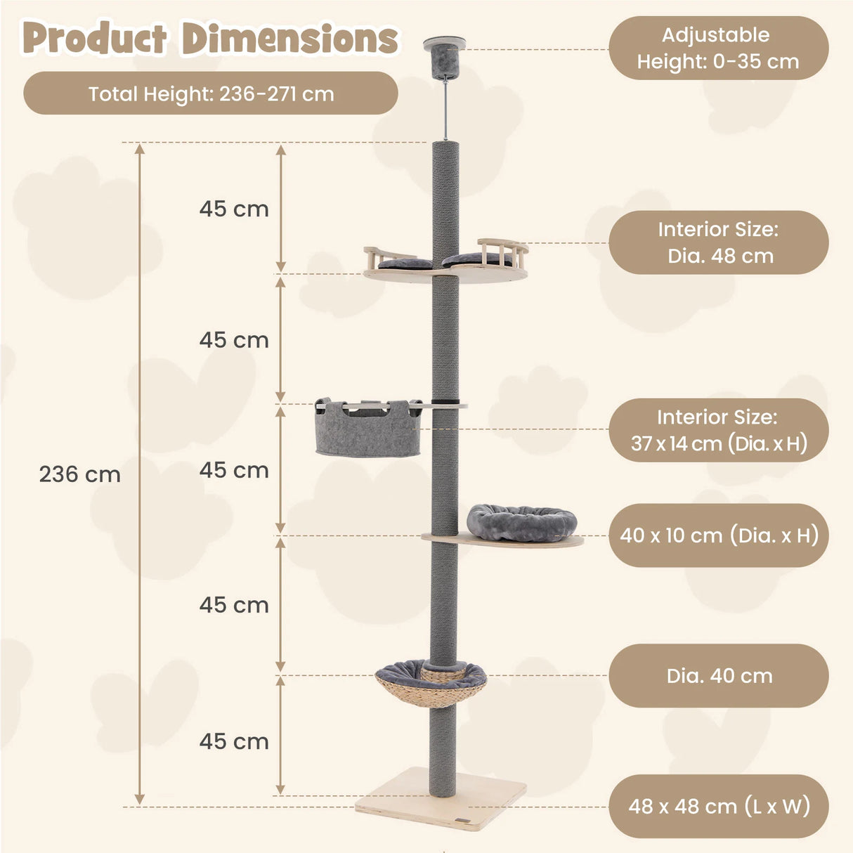 Floor to Ceiling Cat Tree with 93"-107" Adjustable Height-Gray