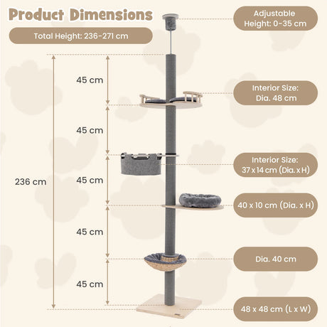 Floor to Ceiling Cat Tree with 93"-107" Adjustable Height-Gray
