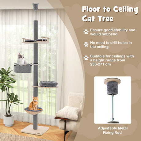Floor to Ceiling Cat Tree with 93"-107" Adjustable Height-Gray