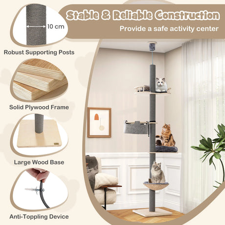Floor to Ceiling Cat Tree with 93"-107" Adjustable Height-Gray