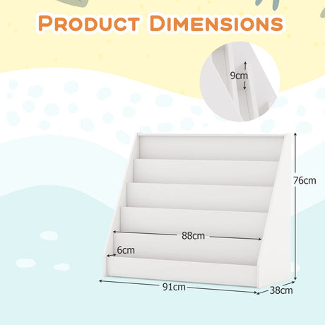 5 Tier Kids Bookshelf with Anti-Toppling Devices for Kids Room-White