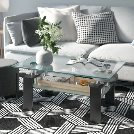 Rectangle Glass Coffee Table with Metal Legs for Living Room-Black