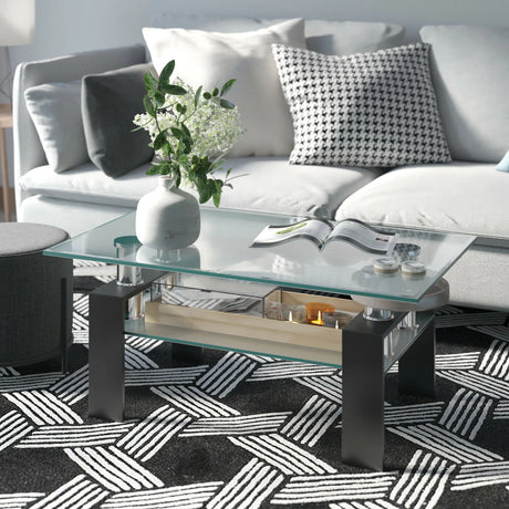 Rectangle Glass Coffee Table with Metal Legs for Living Room-Black
