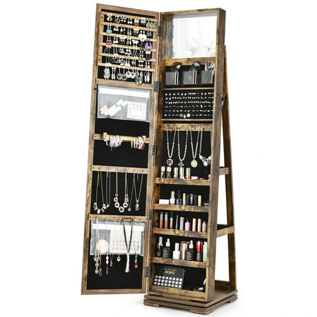 Full Length Mirrored Jewellery Cabinet Rotates 360 with Open Display Shelves-Brown-Coffee