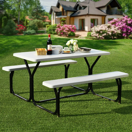Picnic Table and Bench Set with Metal Frame and All Weather-resistant Surface for Backyard-White