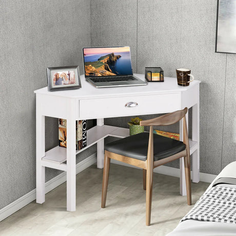 Corner Wooden Piece Laptop Computer Desk-White
