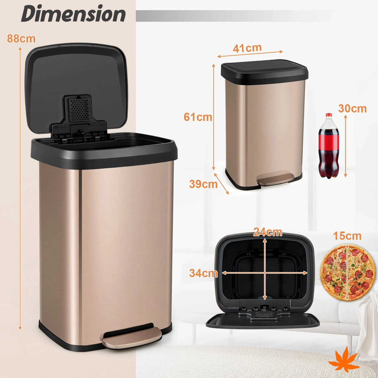 13.2 Gallon Step Trash Can with Soft Close Lid and Deodorizer Compartment-Golden