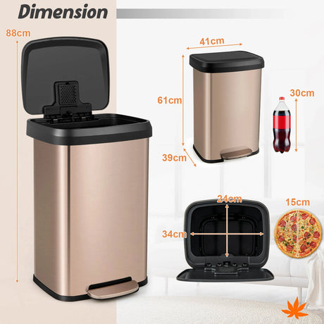 13.2 Gallon Step Trash Can with Soft Close Lid and Deodorizer Compartment-Golden