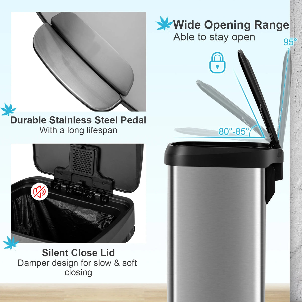 13.2 Gallon Step Trash Can with Soft Close Lid and Deodorizer Compartment-Silver