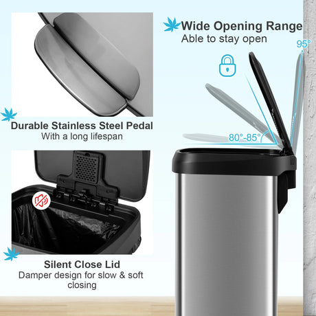 13.2 Gallon Step Trash Can with Soft Close Lid and Deodorizer Compartment-Silver