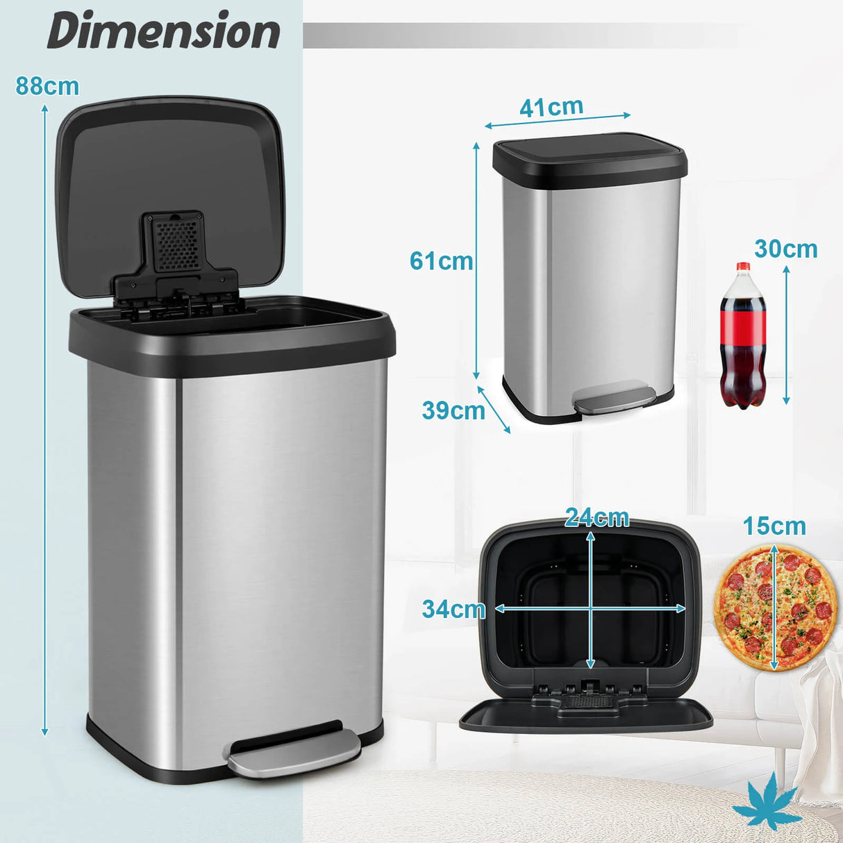 13.2 Gallon Step Trash Can with Soft Close Lid and Deodorizer Compartment-Silver