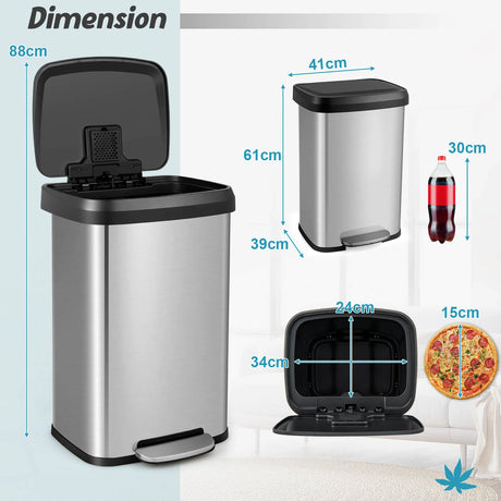 13.2 Gallon Step Trash Can with Soft Close Lid and Deodorizer Compartment-Silver