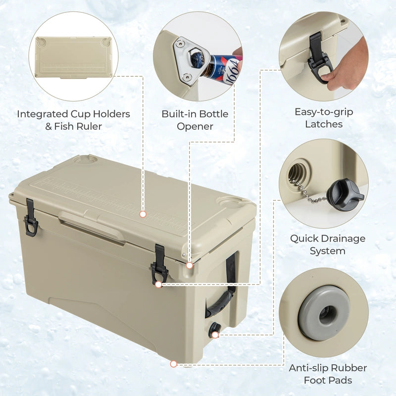 50 QT Rotomolded Cooler Insulated Portable Ice Chest with Integrated Cup Holders-Tan