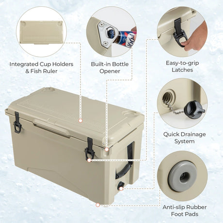 50 QT Rotomolded Cooler Insulated Portable Ice Chest with Integrated Cup Holders-Tan