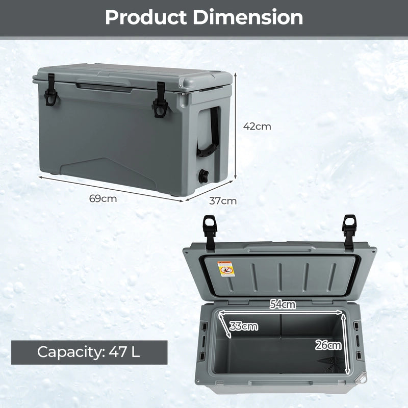 50 QT Rotomolded Cooler Insulated Portable Ice Chest with Integrated Cup Holders-Gray