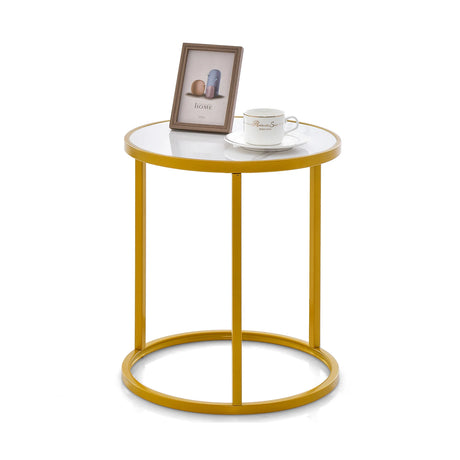 16 Ince Marble Top Round Side Table with Golden Metal Frame for Living Room Bedroom-1 Piece