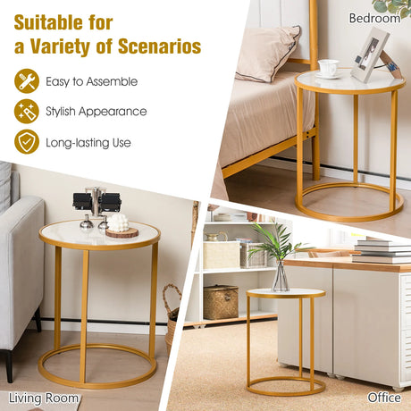 16 Ince Marble Top Round Side Table with Golden Metal Frame for Living Room Bedroom-1 Piece