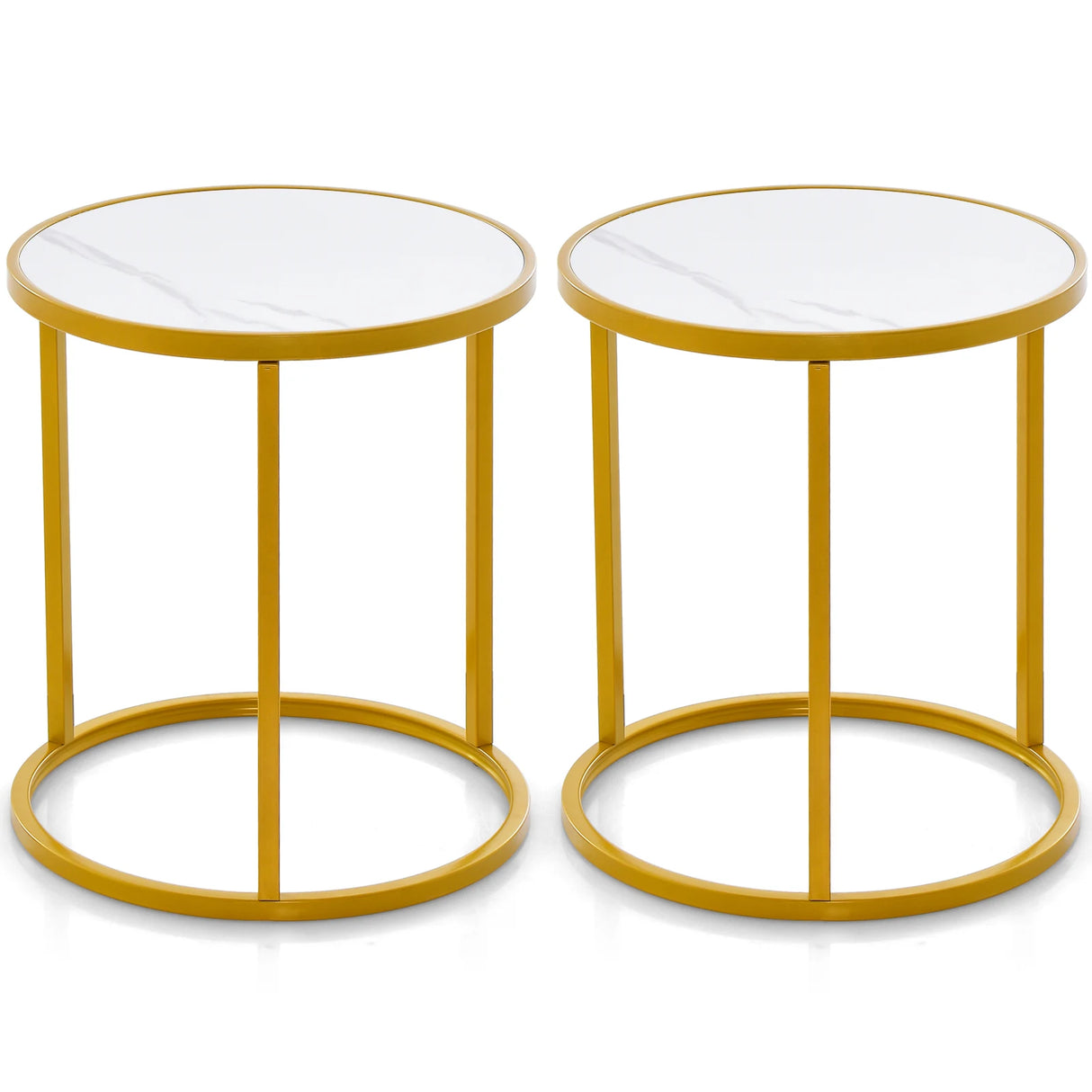 16 Ince Marble Top Round Side Table with Golden Metal Frame for Living Room Bedroom-Set of 2