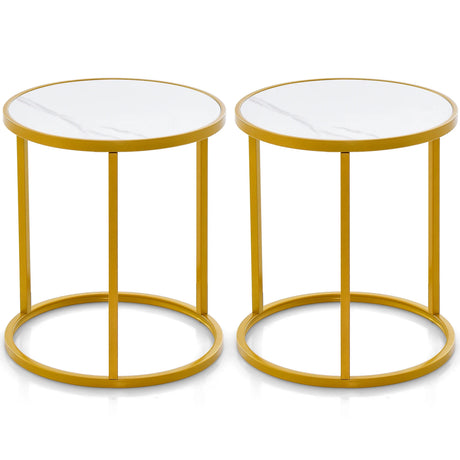 16 Ince Marble Top Round Side Table with Golden Metal Frame for Living Room Bedroom-Set of 2