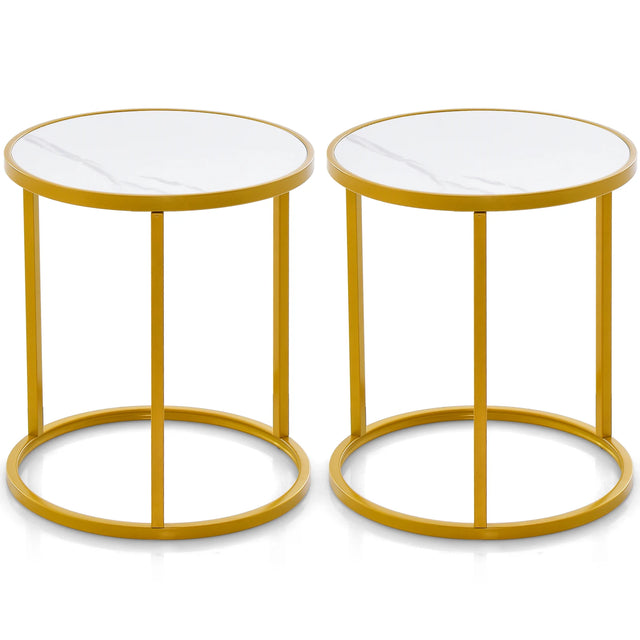 16 Ince Marble Top Round Side Table with Golden Metal Frame for Living Room Bedroom-Set of 2