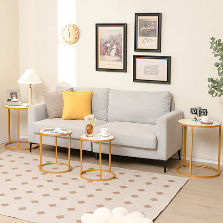 16 Ince Marble Top Round Side Table with Golden Metal Frame for Living Room Bedroom-Set of 2