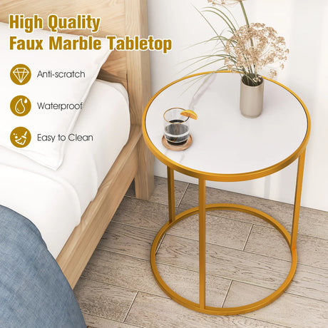 16 Ince Marble Top Round Side Table with Golden Metal Frame for Living Room Bedroom-Set of 2