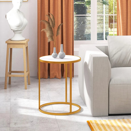 16 Ince Marble Top Round Side Table with Golden Metal Frame for Living Room Bedroom-Set of 2